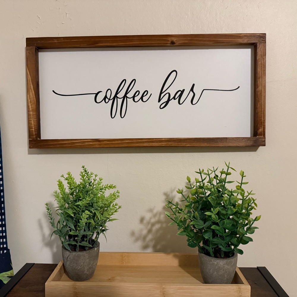 Wooden Coffee Bar Sign with Greenery